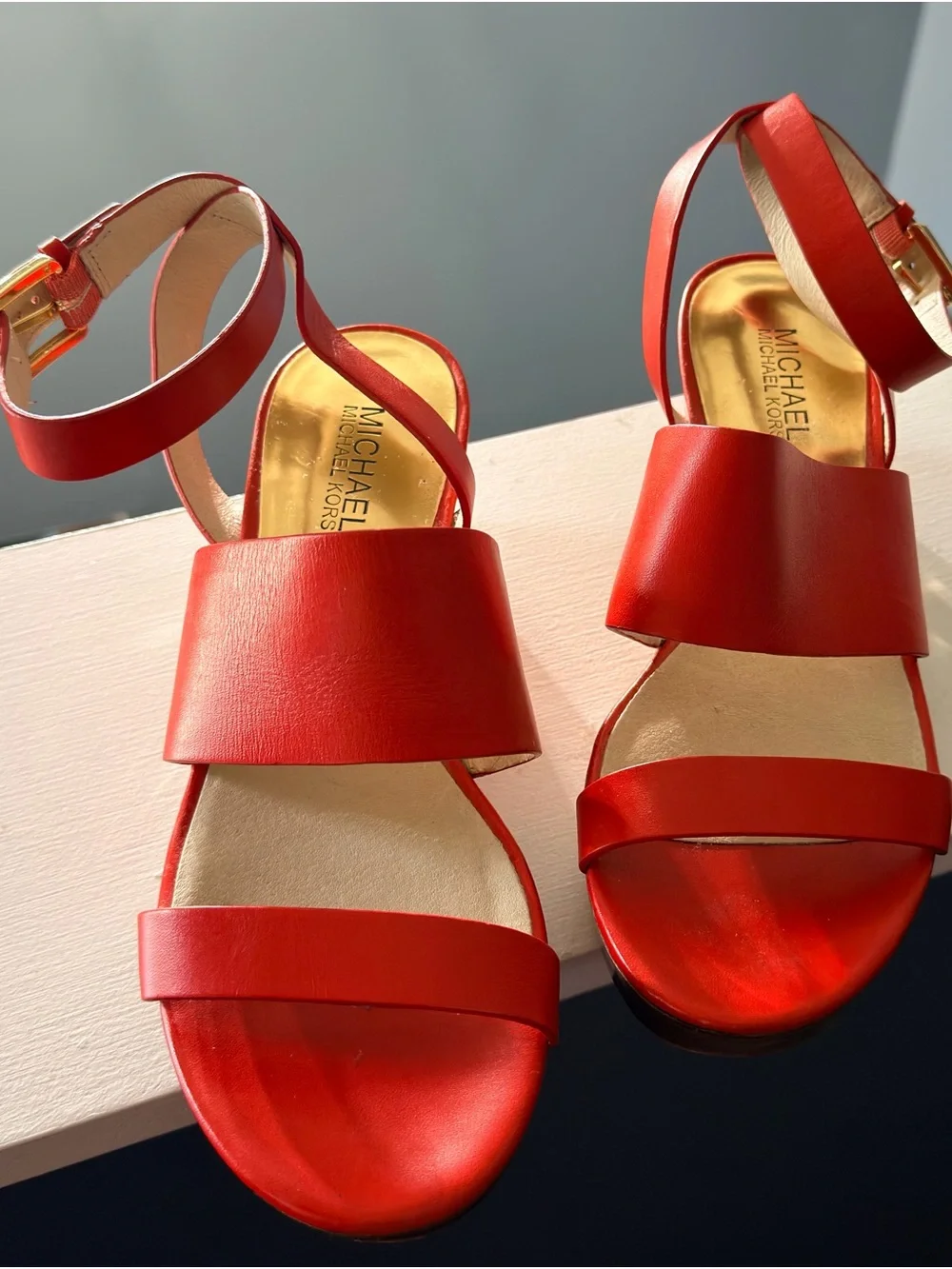 Michael Kors Coral Orange/Red Leather Ankle-Strap Sandals